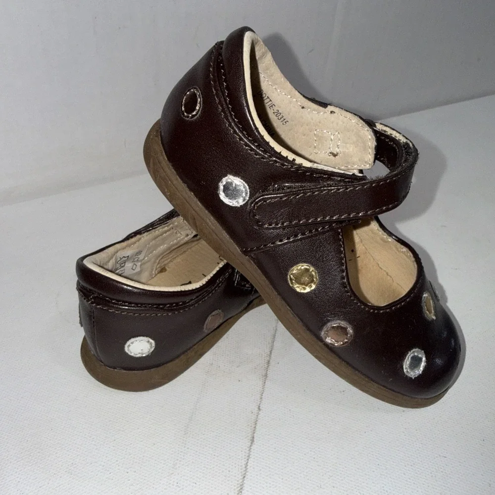 Footmates Brown Leather Mary Jane Metallic Polka Dots Shoes Girl's Size 7 M